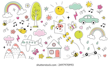 Kids pattern. Children cute background. Happy baby icons. Childish sketch. Cartoon drawing. School fun. Fly kite. Car and house. Sky rainbow. Tree and flower. Summer nature. Vector design wallpaper