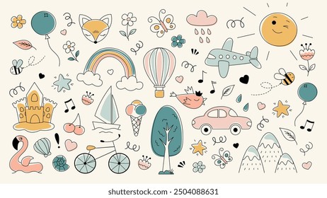 Kids pattern. Children cute background. Happy baby icons. Childish pencil sketch. Cartoon doodle drawing. Fly plane. Car and air balloon. Summer rainbow. Tree and flower. Vector kindergarten wallpaper