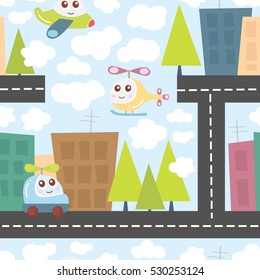 Kids pattern with city landscape, cute helicopter, airplane, and car. Baby texture.Vector Illustration