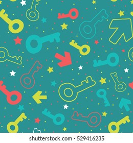Kids pattern with color keys, arrows and stars.
Seamless background for children.
Hand drawn doodle key. 
Vector illustration.