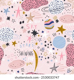 kids pattern, creative, decoration, universe, cosmic, galaxy, decorative, pink, wallpaper, texture, seamless, backdrop, star, vector, meteor, drawn, textile, comet tail, graphic, sketch, paper, symbol