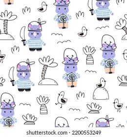 Kids pattern with Cute Animals Pirates. Childish seamless pattern for fabric, paper, wrapping, clothing, textile, wallpaper. Vector illustration