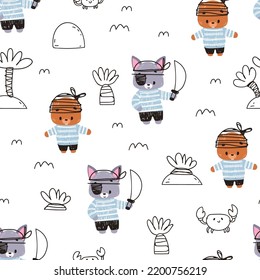 Kids pattern with Cute Animals Pirates. Childish seamless pattern for fabric, paper, wrapping, clothing, textile, wallpaper. Vector illustration