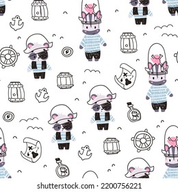 Kids pattern with Cute Animals Pirates. Childish seamless pattern for fabric, paper, wrapping, clothing, textile, wallpaper. Vector illustration