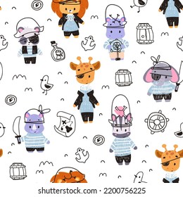 Kids pattern with Cute Animals Pirates. Childish seamless pattern for fabric, paper, wrapping, clothing, textile, wallpaper. Vector illustration