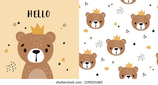 Kids pattern with cute bear, seamless background, and baby shower greeting card. Vector texture for childish bedding, fabric, wallpaper, wrapping paper, textile, t-shirt