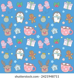 kids pattern with cute pastel blue winter elements baby shower greeting card Animal seamless background cute vector texture for kids bedding fabric wallpaper wrapping paper textile