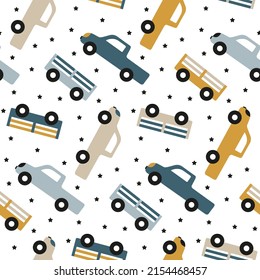 Kids pattern with farm cars. Pickup truck, trailer cartoon scandinavian style for cute baby fabric print. Seamless nursery wallpaper with adorable transport. Sweet childish pictures. Flat nice vector.