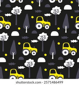 Kids pattern with farm tractors. Car print for fabric baby boy coat, raincoat, winter outerwear for kids. Seamless contrast texture with hand drawn farm cars for background, wallpaper, backdrop, cover