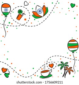 Kids pattern or frame for Indian Independence Day. Background of hand-drawn elements for August 15th in the national colors of India. Vector illustration for a festive decoration.