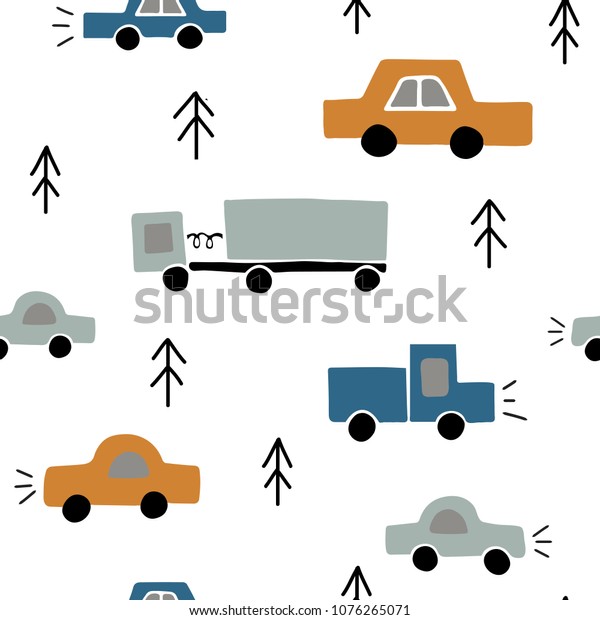 Kids pattern with hand drawn cars. Trendy\
childish seamless texture for textile, fabric, wrapping, wallpaper.\
Background vector\
illustration.