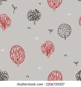 Kids pattern with hand drawn forest trees. Seamless pattern for fabric, paper, wrapping, clothing, textile, wallpaper. Vector illustration
