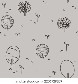 Kids pattern with hand drawn forest trees. Seamless pattern for fabric, paper, wrapping, clothing, textile, wallpaper. Vector illustration