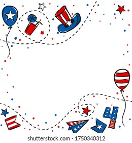 Kids pattern for Independence Day USA. Background of hand-drawn elements for July 4th in the national colors of the United States of America. Vector illustration for a festive decoration.