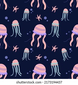 Kids pattern with jellyfish and stars on dark blue background. Seamless pattern for textile