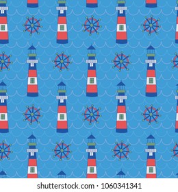 Kids pattern of lighthouse and shipwheel. A playful, modern, and flexible pattern for brand who has cute and fun style. Repeated pattern. Happy, bright, and nautical mood. Suits for kids.