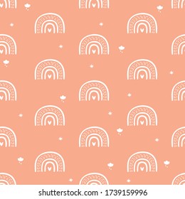 Kids pattern with modern rainbows. Baby vector boho background