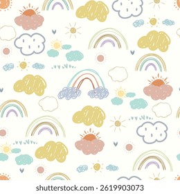 Kids pattern with rainbows,sun, cloudsand hearts , seamless pattern with hand drawn sky.