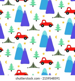 Kids pattern with red cars in mountain travel. Cartoon transport seamless print on white nature background for boy. Cute nursery wallpaper for little tourist. Fun picture for texture of infant fabric.