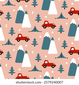 Kids pattern with red cars in mountain travel. Cartoon transport seamless print on pale nature background for kids. Cute nursery wallpaper for little tourist. Fun picture for texture of infant fabric.