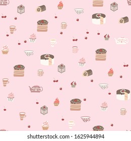 Kids pattern, seamless background with cups and cakes, perfect for creating fabric, beautiful children's clothing, wallpapers, products for kids and more