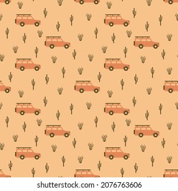 Kids pattern with SUV cars driving through the desert past cactuses. Seamless ornament with orange off-road vehicles on sand-colored background. Texas illustration in warm colors. Cartoon auto for boy