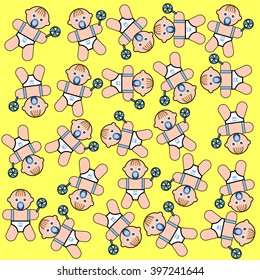 kids pattern. toddler in diapers with a pacifier. child pattern. vector yellow background