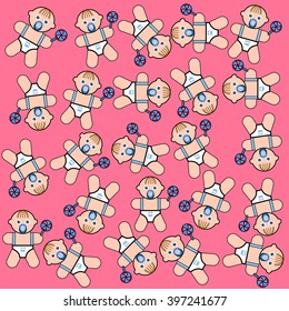 kids pattern. toddler in diapers with a pacifier. child pattern. vector pink background