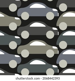 Kids pattern with toy cars. Boy seamless ornament in monochrome gray colors for stain resistant fabrics of children's outerwear. Cartoon transport for sons and grandchildren. Cute flat illustration.