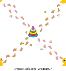 kids pattern with toys and footprints