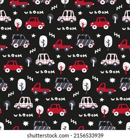 Kids pattern with transport. Car for printing fabric of children's jacket, outerwear, bag. Dark seamless texture with red vehicle on black background for nursery wallpaper. Picture of children's city.