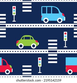 Kids Pattern With Transport Rides On Road. Car Traffic Lights Pedestrian Crossings For Children's Fabric Seamless Print. Minibus, Van On Dark Blue Background. Striped Nursery Wallpaper. Boys Vehicles.