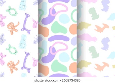 Kids patterns Set with animals, dinosaurs. Perfect for kids design, fabric, wrapping paper, wallpaper, textile, baby shower, surfaces, scrapbooking covers. Baby animals vertical patterns. Dinosaurs