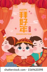 Niños haciendo una visita de año nuevo con sobre rojo y desplazamiento, traducción de texto china: Feliz año lunar y felicitaciones