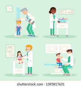 Kids In Pediatrics Office Flat Illustrations Set. Nurse Measuring Child Height, Weighting Baby. Pediatrician Examining Kid With Stethoscope. Medic And Patient Cartoon Characters. Doctor Appointment