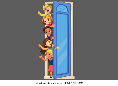 Kids peeking of the door waving vector illustration