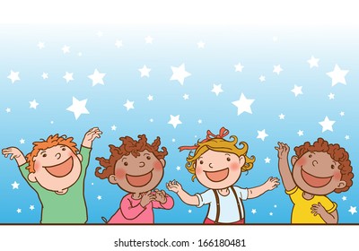 Kids peeping behind placard. Back to School isolated objects on Gradient Stars Background. Great illustration for a school books and more. VECTOR. Editorial. Education. Advertising. Board.