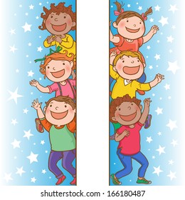 Kids peeping behind placard. Back to School isolated objects on Gradient Stars Background. Great illustration for a school books and more. VECTOR. Editorial. Education. Advertising. Board.