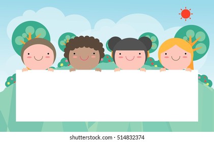 Kids Peeping Behind Placard Cute Little Stock Vector (Royalty Free ...