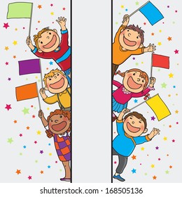 Kids peeping behind placard with flags. Back to School isolated objects on Gradient Stars Background. Great illustration for a school books and more. VECTOR. Editorial. Education. Advertising. Board.