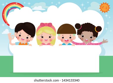 kids peeping behind placard, happy children, Cute little kids on white background,Vector Illustration