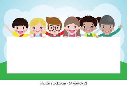 kids peeping behind placard, happy children, Cute little kids on white background,Vector Illustration