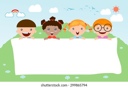 Kids Peeping Behind Placard Happy Children Stock Vector (Royalty Free ...