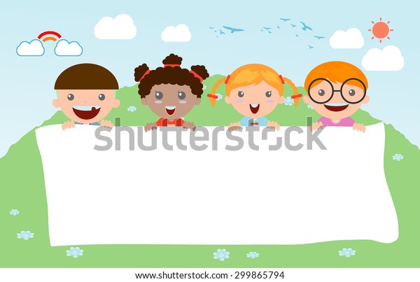 Kids Peeping Behind Placard Happy Children Stock Vector (Royalty Free ...