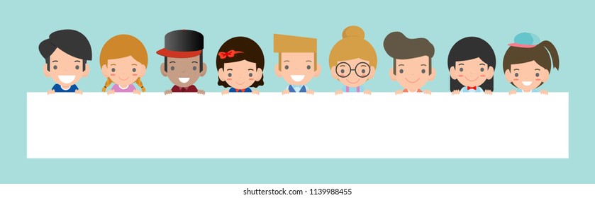 Kids peeping behind placard Isolated on background Ready for your text, Ready for your message. In the style of children's flat Vector illustration.