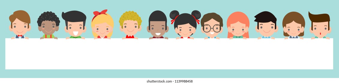 Kids peeping behind placard Isolated on background Ready for your text, Ready for your message. In the style of children's flat Vector illustration.