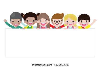 Kids peeping behind placard Isolated on white background Ready for your text, Ready for your message. In the style of children's flat Vector illustration.