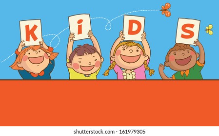 Kids Peeping Behind placard and Representing Letters. Back to School. Great illustration for a school books, advertising, magazines and more. VECTOR. Editorial. Education. Advertising. Board.