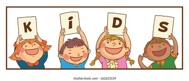 Kids Peeping Behind placard and Representing Letters. Banner.  Back to School. Great illustration for a school books, advertising, magazines and more. VECTOR. Editorial. Education. Advertising. Board.