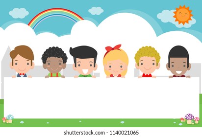 kids peeping behind placard,Cute little children on background,Template for advertising brochure, your text, kids and frame,child and frame,Vector Illustration
